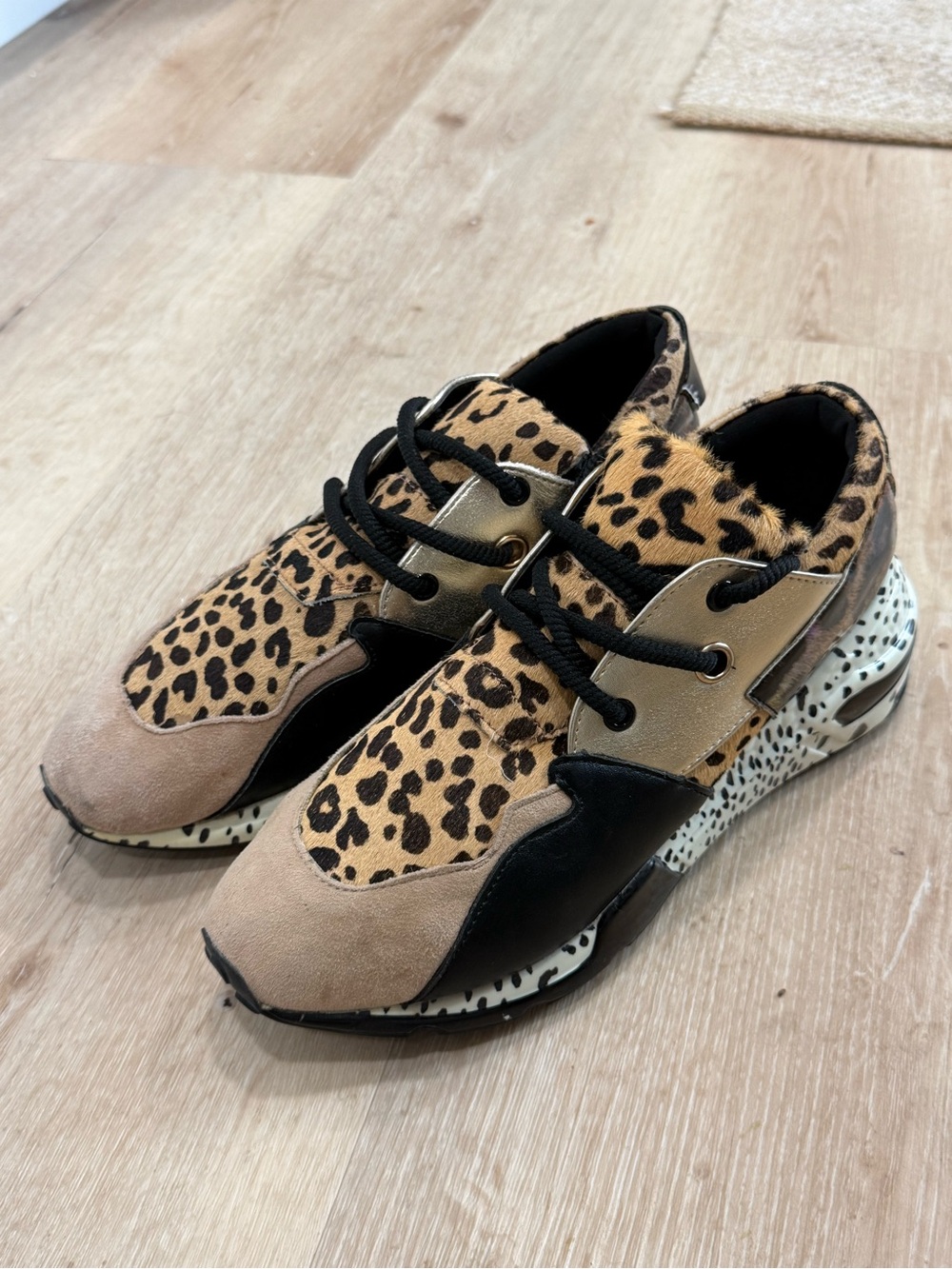 Steve Madden Leopard-Print Mixed Material Sneakers - Tan/Black/Gold